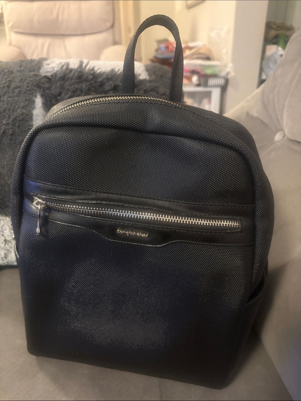 Compact Black Textured Backpack with Front Zip - Unbranded